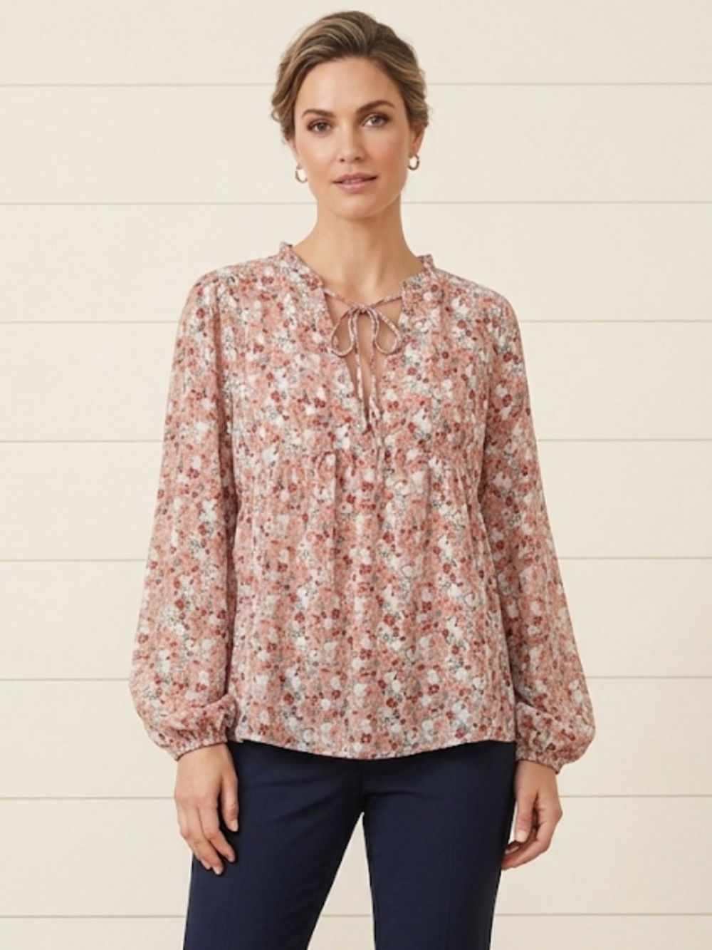 Floral Tie-Neck Peasant Blouse - Pink